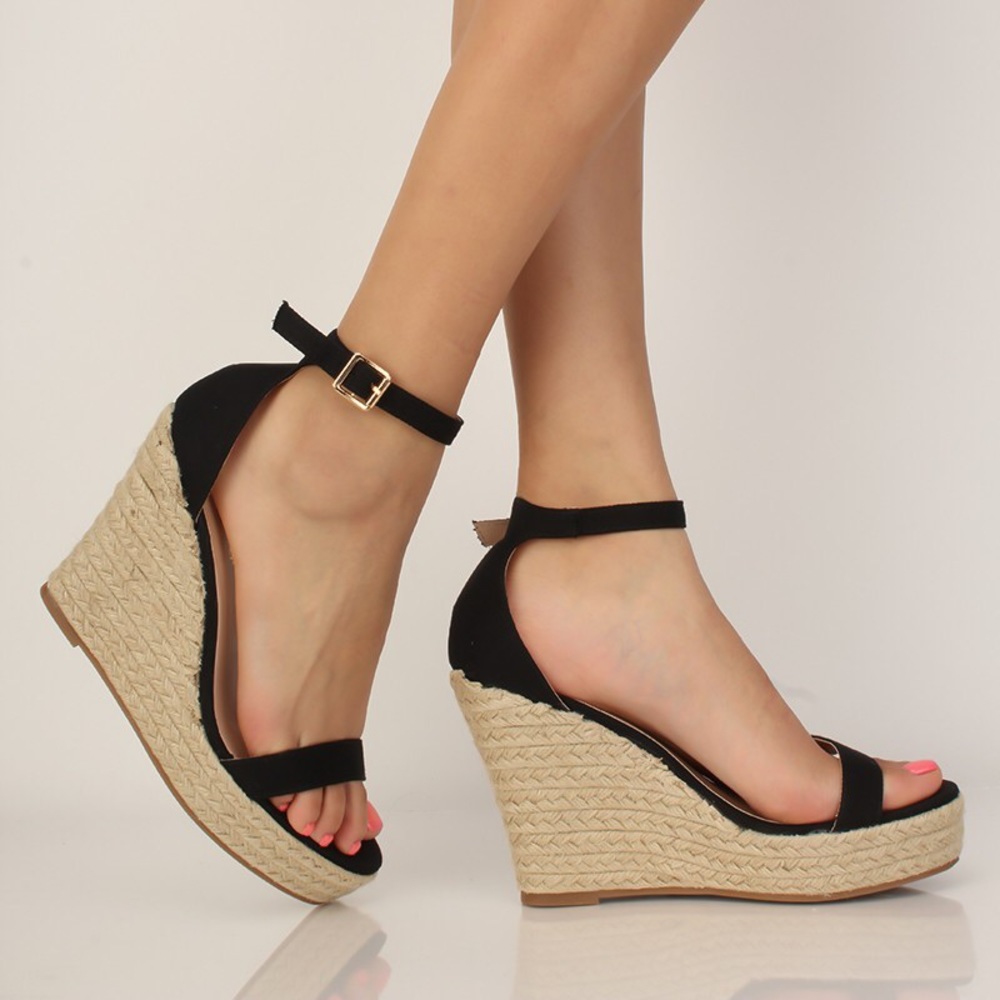 5⭐️ BLACK OPEN TOE ESPADRILLE WEDGES - Shoe - Picture 2 of 4